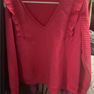Quilted Pink V-Neck Sweater with Ruffle Details